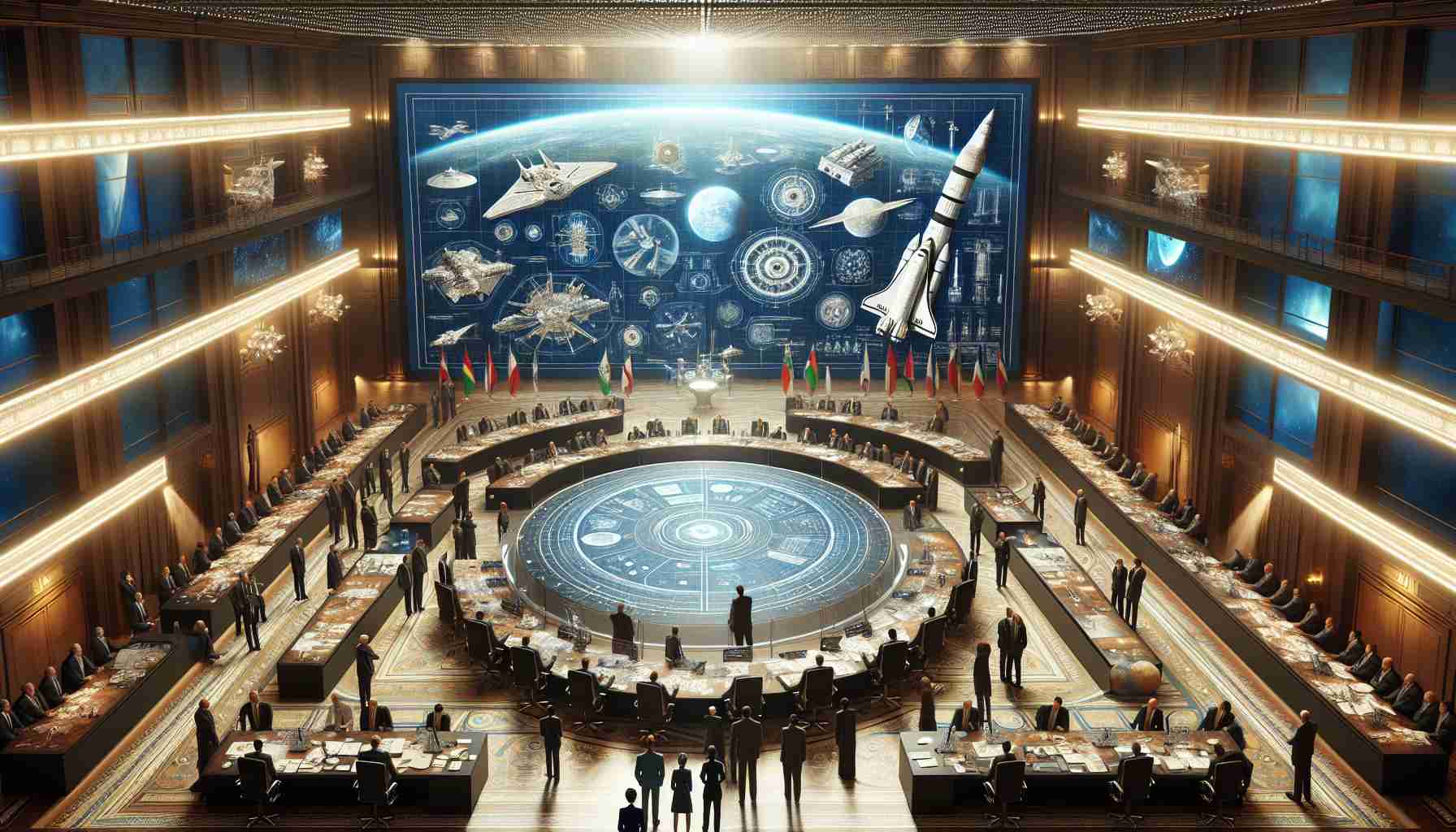 High-definition, lifelike image of a fictional nation unveiling its bold and ambitious vision for space exploration. The scene showcases a grand meeting room filled with various scientific professionals, all excitedly discussing a large blueprint that details the plans for future space missions, innovations and advancements. Brilliantly detailed diagrams, illustrations and models of spacecraft are scattered around the room, reflecting the nation's dedication to space exploration.