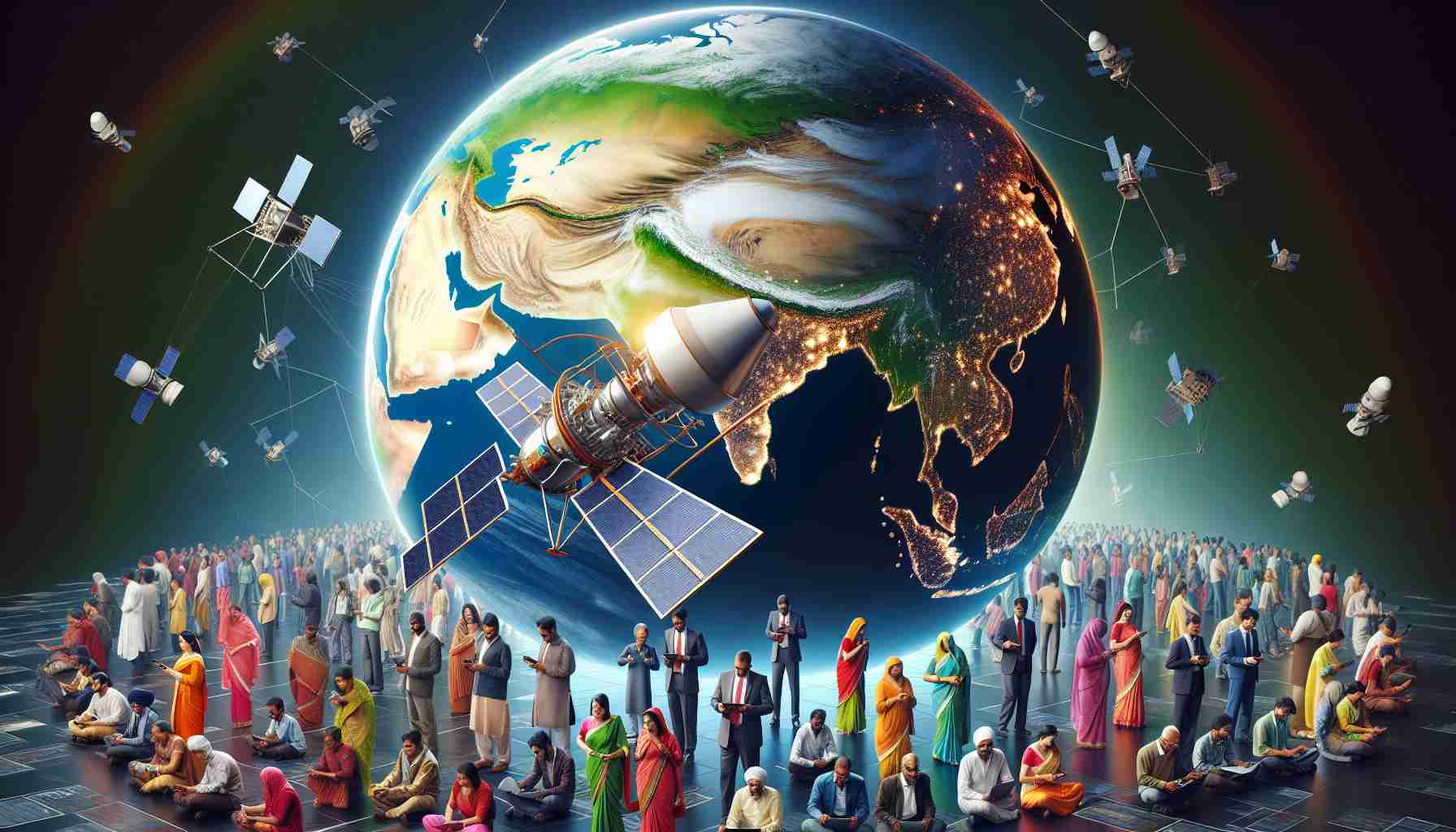 A high-definition, realistic image representing the concept of 'Advancing Digital Inclusion' in the context of India. This can include a satellite in the Earth's orbit sending signals towards the Indian subcontinent, depicting the progress of satellite communication. You may also show on the ground, an array of diverse individuals hailing from various ages and descents such as South Asian, Caucasian, and Black who are utilizing digital devices, highlighting the democratization of digital access across the nation.