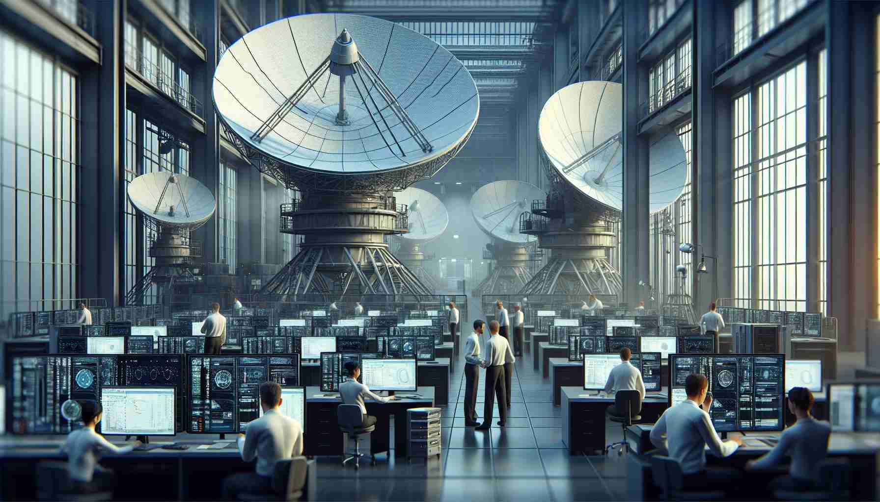 High definition, realistic scene of a modern telecommunications company. Central focus being large satellite dishes and advanced technological equipment used for satellite communications. Employees of varying genders and descents are working diligently, inspecting the equipment, and monitoring data on computer screens. The atmosphere evokes a sense of dedication and progress in the field of telecommunication.