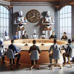 High definition, realistic image depicting the concept of artificial intelligence and the future of democracy. Show an environment where AI robots are seated around a round table discussing with various individuals, each representing different demographics. For instance, a Caucasian female scientist, a Middle-Eastern male philosopher, a South Asian female coder, a Hispanic male historian, and a Black female economist. Ensure each person is engaged with the AI robots. The room could have decoratives like the scales of justice and a futuristic clock showing progression, signifying time and fairness, thus illustrating the potential impact of AI on democracy.