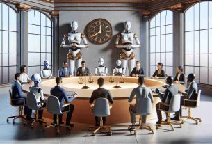 High definition, realistic image depicting the concept of artificial intelligence and the future of democracy. Show an environment where AI robots are seated around a round table discussing with various individuals, each representing different demographics. For instance, a Caucasian female scientist, a Middle-Eastern male philosopher, a South Asian female coder, a Hispanic male historian, and a Black female economist. Ensure each person is engaged with the AI robots. The room could have decoratives like the scales of justice and a futuristic clock showing progression, signifying time and fairness, thus illustrating the potential impact of AI on democracy.