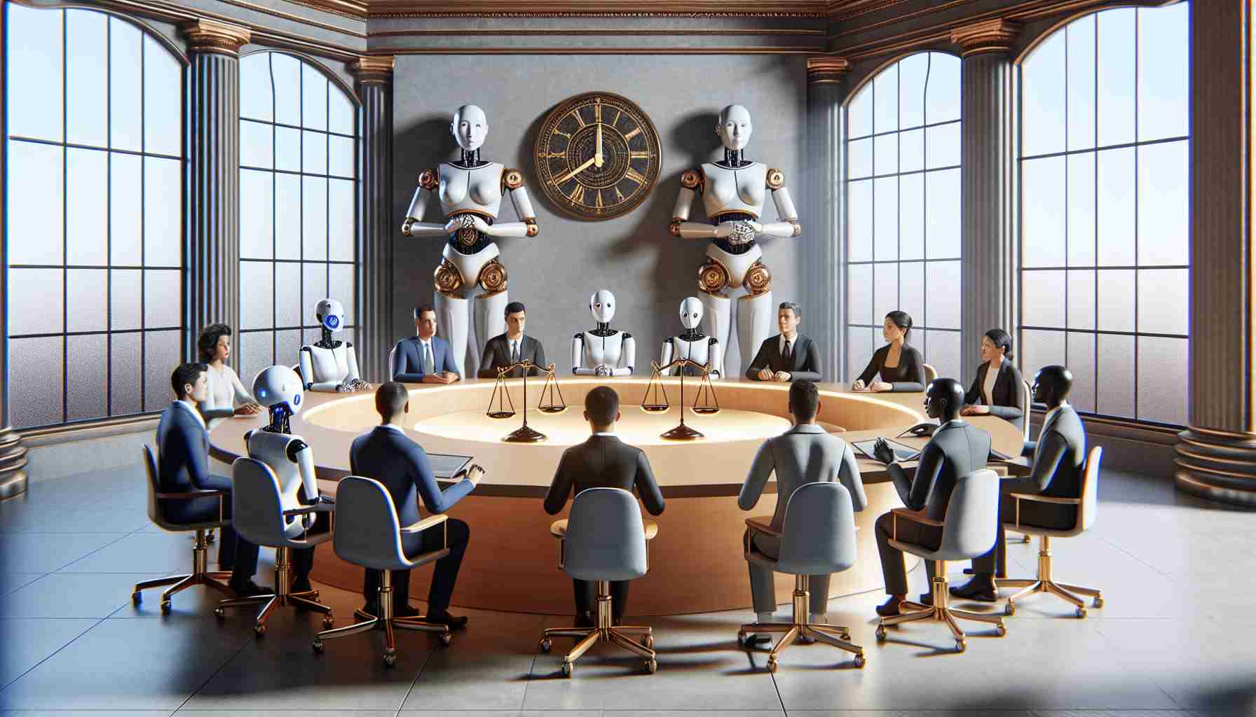 High definition, realistic image depicting the concept of artificial intelligence and the future of democracy. Show an environment where AI robots are seated around a round table discussing with various individuals, each representing different demographics. For instance, a Caucasian female scientist, a Middle-Eastern male philosopher, a South Asian female coder, a Hispanic male historian, and a Black female economist. Ensure each person is engaged with the AI robots. The room could have decoratives like the scales of justice and a futuristic clock showing progression, signifying time and fairness, thus illustrating the potential impact of AI on democracy.