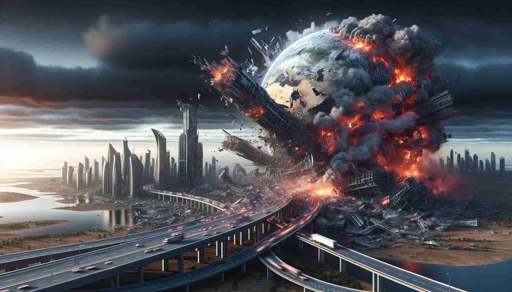 Realistic HD image representing a fictional scenario where a unspecified country destroys its infrastructure in a daring move.