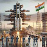 High-definition, realistic render of India's breakthroughs in space exploration. Picture a launch pad with a towering, complex rocket ready for liftoff. A background skyline just before dawn with the sun starting to permeate the edges. Indian flag waving proudly nearby. A team of engineers and astronauts of varied genders and descents, Caucasian, Hispanic, Black, Middle-Eastern, South Asian all working together, showcasing their shared wins in this pioneering endeavor. The commendable blend of traditional Indian culture with cutting-edge technology can be identified through small hints like Indian dressy work attire worn by some personnel.