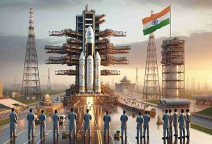 High-definition, realistic render of India's breakthroughs in space exploration. Picture a launch pad with a towering, complex rocket ready for liftoff. A background skyline just before dawn with the sun starting to permeate the edges. Indian flag waving proudly nearby. A team of engineers and astronauts of varied genders and descents, Caucasian, Hispanic, Black, Middle-Eastern, South Asian all working together, showcasing their shared wins in this pioneering endeavor. The commendable blend of traditional Indian culture with cutting-edge technology can be identified through small hints like Indian dressy work attire worn by some personnel.