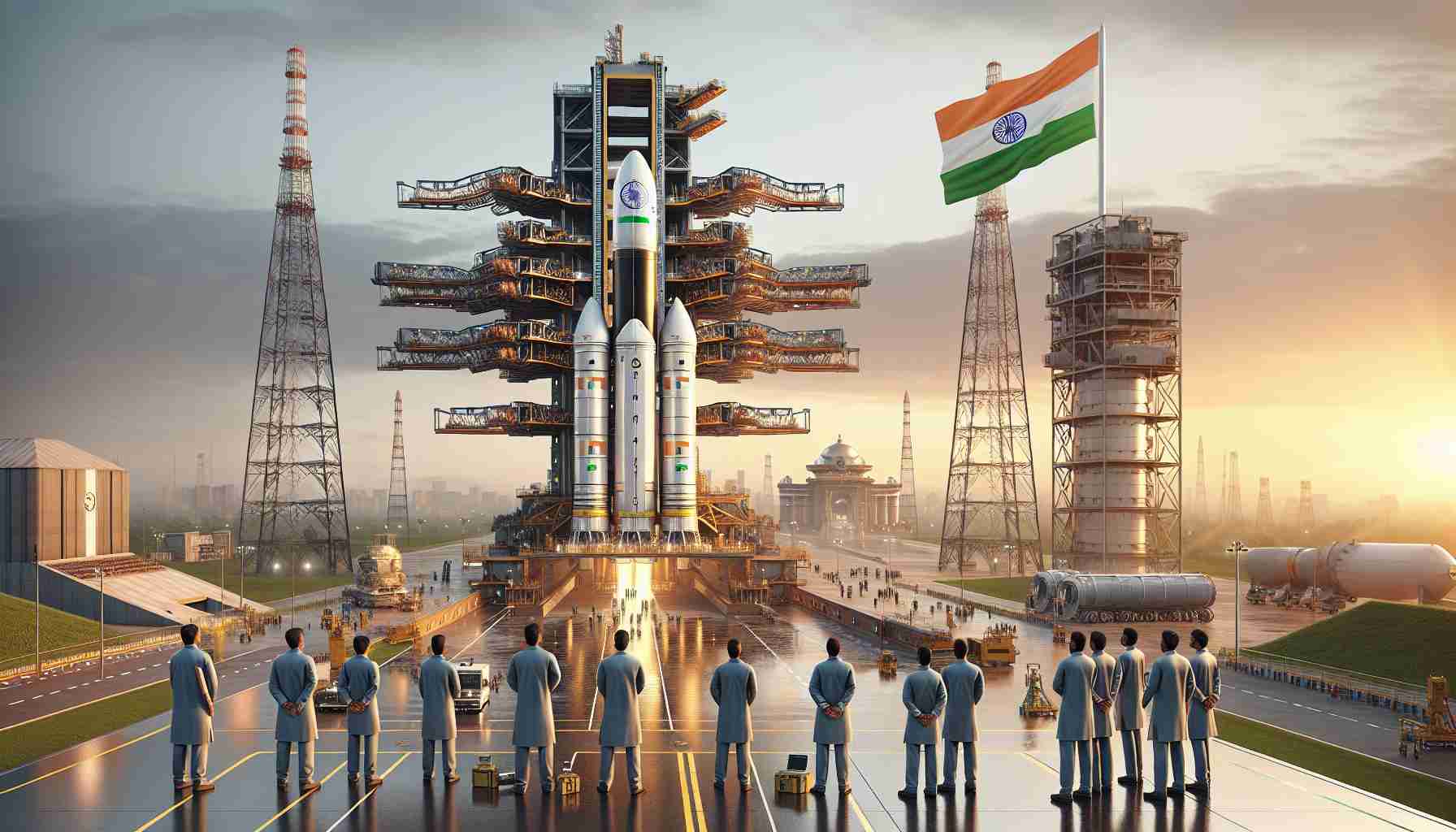 High-definition, realistic render of India's breakthroughs in space exploration. Picture a launch pad with a towering, complex rocket ready for liftoff. A background skyline just before dawn with the sun starting to permeate the edges. Indian flag waving proudly nearby. A team of engineers and astronauts of varied genders and descents, Caucasian, Hispanic, Black, Middle-Eastern, South Asian all working together, showcasing their shared wins in this pioneering endeavor. The commendable blend of traditional Indian culture with cutting-edge technology can be identified through small hints like Indian dressy work attire worn by some personnel.