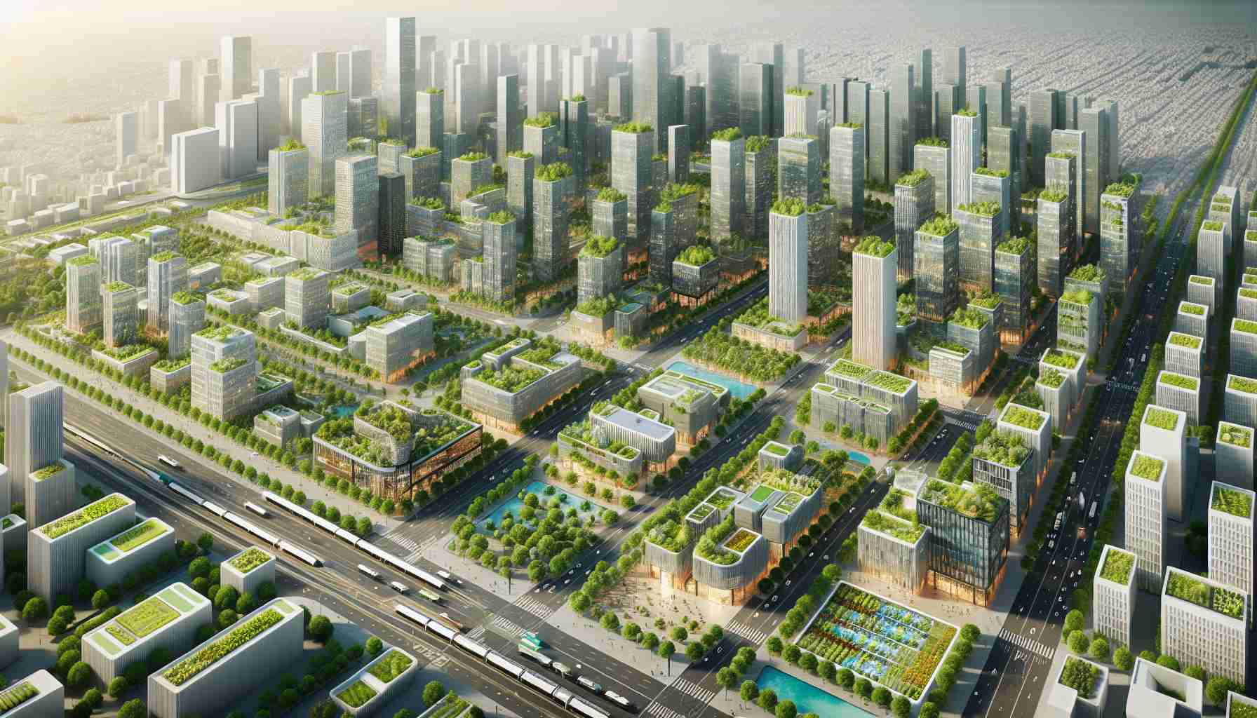 High-definition, realistic image of an innovative urban planning design. This city layout emphasizes sustainable and environmentally-friendly practices. Picture broad, tree-lined streets, energy-efficient buildings of various heights and silhouettes, filled with green roofs and solar panels. Rooftop gardens bloom atop some, and vertical farms scale the sides of others. Public transport is prioritized, with light rail lines and bike paths crisscrossing throughout the city. Parks and green spaces punctuate the cityscape, providing residents with ample opportunity for recreation. A central plaza serves as the heart of this model future city.