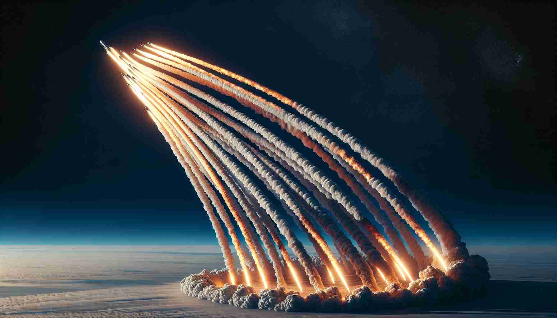 A high-resolution, realistic photo depicting a remarkable feat in space exploration. It portrays a chronological compilation of multiple rocket launches, each streaking through the blue sky, leaving fiery trails in the atmosphere. These repeated launches have led to the record number of successful space journeys in a single year by an undislosed mystery private space company.