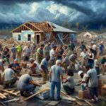 Detailed high-definition image presenting a diverse group of Florida residents, including men and women from various descents such as Caucasian, Hispanic, Black, Middle-Eastern, and South Asian, cooperatively working to rebuild their homes and community in the aftermath of a catastrophic storm. The scene emphasises the humanity, determination, solidarity, and resilience of the locals. Foreground captures individuals handling construction materials while background showcases partially destroyed homes being restored, the sky above filled with dark storm clouds gradually parting to reveal a hint of clear blue.