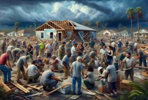 Detailed high-definition image presenting a diverse group of Florida residents, including men and women from various descents such as Caucasian, Hispanic, Black, Middle-Eastern, and South Asian, cooperatively working to rebuild their homes and community in the aftermath of a catastrophic storm. The scene emphasises the humanity, determination, solidarity, and resilience of the locals. Foreground captures individuals handling construction materials while background showcases partially destroyed homes being restored, the sky above filled with dark storm clouds gradually parting to reveal a hint of clear blue.