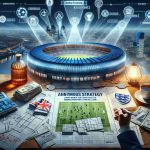 Visual representation of an anonymous magnate's innovative strategy set to transform major football clubs in London. It features documents with tactical plans, 3D models of big stadiums, and a dramatic, high-definition London skyline in the background.