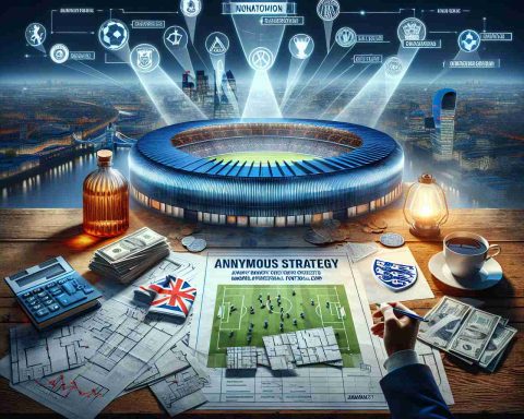 Visual representation of an anonymous magnate's innovative strategy set to transform major football clubs in London. It features documents with tactical plans, 3D models of big stadiums, and a dramatic, high-definition London skyline in the background.