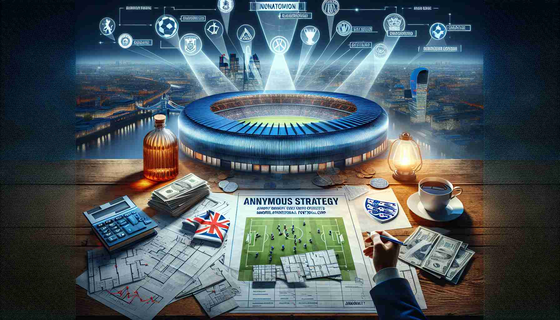 Visual representation of an anonymous magnate's innovative strategy set to transform major football clubs in London. It features documents with tactical plans, 3D models of big stadiums, and a dramatic, high-definition London skyline in the background.