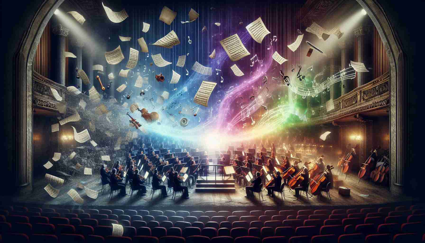 Create a realistic, high-definition image that encapsulates the concept of 'Revitalizing the Symphony: A Harmonious Transformation.' Show an old, worn-out orchestra stage morphing into a bright, modern one. Loose music sheets fluttering around, some converting into digital formats on tablets. The lighting gradually changes from dim to vibrant. A spectrum of musical instruments is visible - some archaic and fading while some are modern and luminous, underscored by the transformation of the symphony. Each transformation emanates a soft wave of music notes visually representing the harmony. The entire transformation is observed from a perspective as if seated in the theater audience, providing the feel of witnessing a live symphony revival.