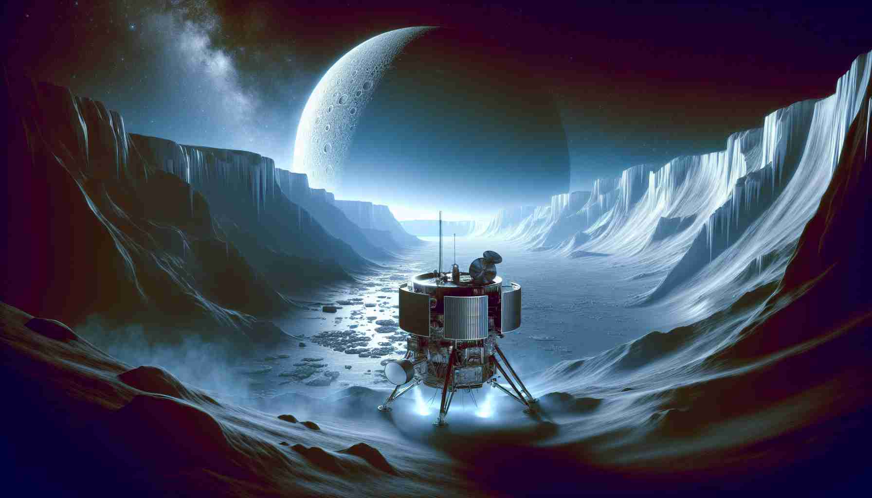 Create a highly detailed and realistic image that represents NASA's next mission exploring the depths of Enceladus, a distant icy moon. The image should provide the viewer a sense of mystery and exploration about this far-off celestial body, showcasing the spacecraft designed to withstand the harsh environment, perhaps even plowing through ice or erupting geysers as it attempts to illuminate the unknown.