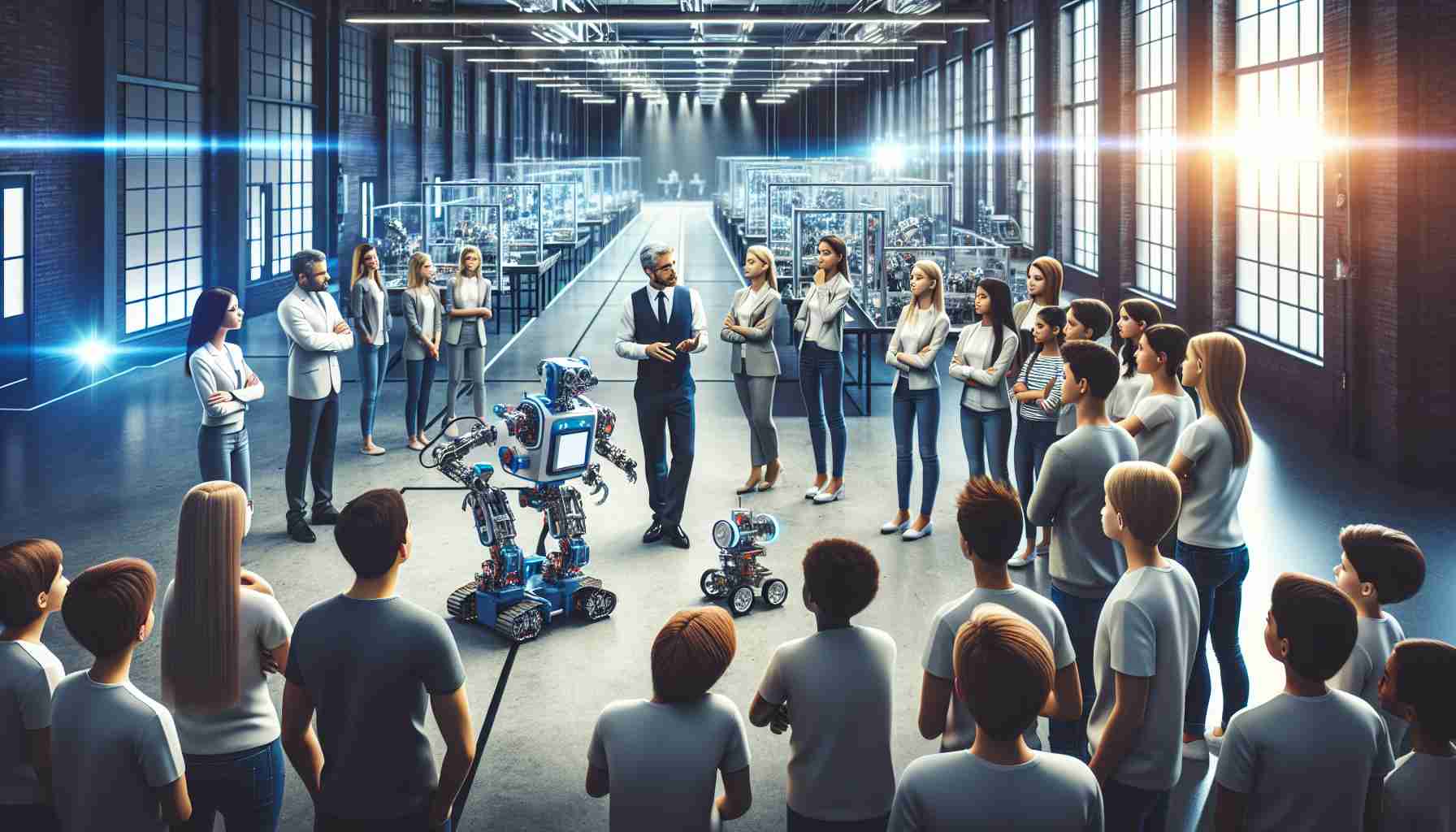 Generate a realistic, high-definition image of an educational institution launching a state-of-the-art robotics lab. The scene should capture the excitement and innovation of the event, with teachers of various descents and genders explaining the features of advanced robots to a diverse group of eager students. It should include the interior of a high-tech lab filled with modern equipment, robots of various designs, and the gleam of new technology under bright lights. The students should look intrigued and inspired, with some even interacting with the new robotics equipment.