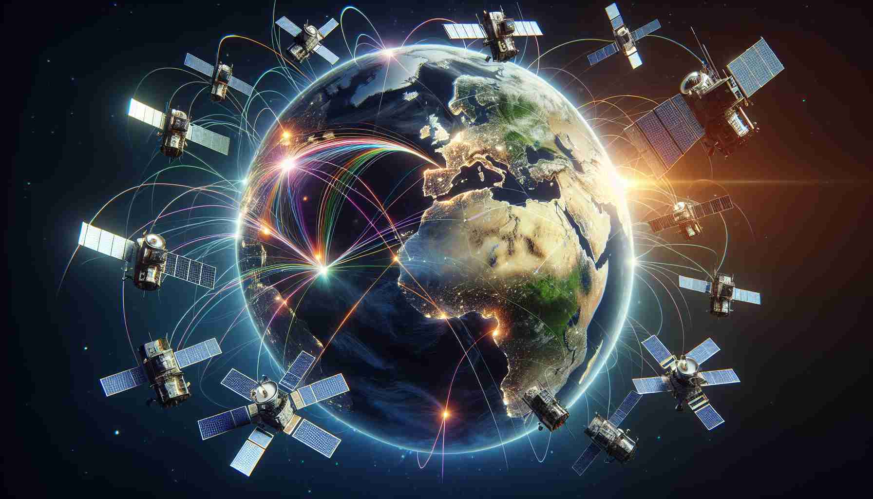 A high-definition, realistic image of a global satellite network representing innovative solutions. The image must include depictions of various satellites in orbit around a 3D model of the Earth. These satellites are emitting signals demonstrated with vibrant lines connecting different parts of the globe, indicating comprehensive coverage. Emphasize on the technological innovativeness by illustrating advanced satellite designs with detailed panels, antennas, and instrument modules. Include various on-ground satellite stations located in different parts of the world implying a worldwide connection and infrastructure.