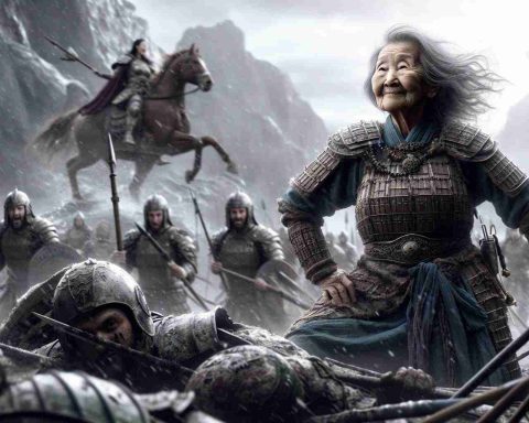 A breathtaking, high-resolution image depicting an unexpected result in an epic battle setting. In the midst of a rugged, tumultuous battlefield strewn with remnants of armor and weaponry, a least expected contender stands triumphant. This individual, an elderly, East Asian woman, is not a hardened warrior but a humble individual once dismissed by many. Despite her age and non-threatening demeanor, she holds a glint of victory in her eyes. Her pose is not triumphant, but it emanates resilience and an unexpected strength. Around her, astonished warriors of varied gender and descent gaze in awe at the surprising turn of events.