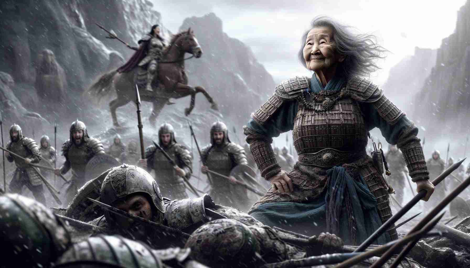 A breathtaking, high-resolution image depicting an unexpected result in an epic battle setting. In the midst of a rugged, tumultuous battlefield strewn with remnants of armor and weaponry, a least expected contender stands triumphant. This individual, an elderly, East Asian woman, is not a hardened warrior but a humble individual once dismissed by many. Despite her age and non-threatening demeanor, she holds a glint of victory in her eyes. Her pose is not triumphant, but it emanates resilience and an unexpected strength. Around her, astonished warriors of varied gender and descent gaze in awe at the surprising turn of events.