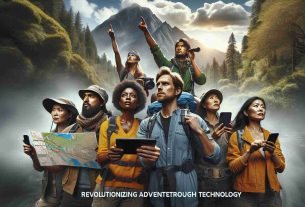 Create a realistic HD image showcasing the concept of revolutionizing adventures through technology. Picture this: a group of diverse individuals on an adventure in a remote location, like a dense forest or high mountain, using their smartphones equipped with satellite connectivity for navigation and communication. Reflect the awe and thrill of their journey. Each individual is distinct - an East Asian woman with a determined look, a Caucasian man with a map open on his device, an African American woman scanning the area with a keen eye, a Middle Eastern man pointing towards the horizon, and a South Asian woman who is taking photos.