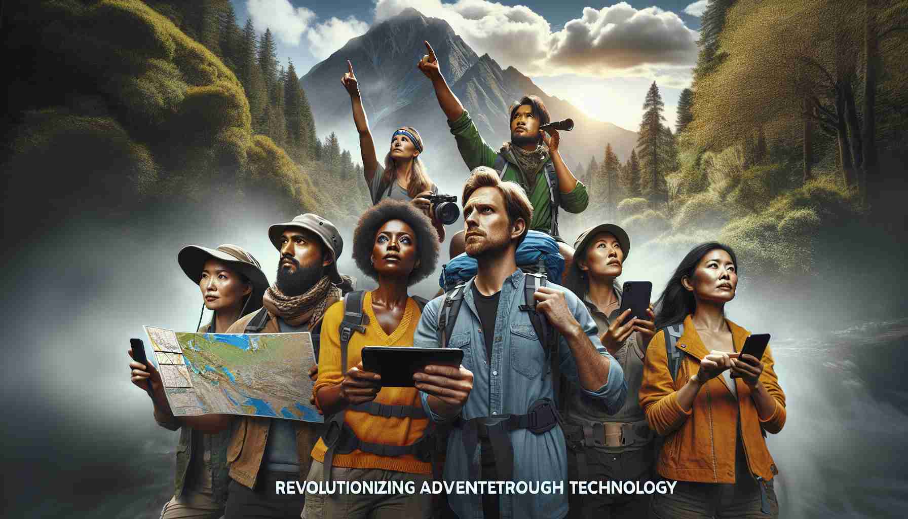 Create a realistic HD image showcasing the concept of revolutionizing adventures through technology. Picture this: a group of diverse individuals on an adventure in a remote location, like a dense forest or high mountain, using their smartphones equipped with satellite connectivity for navigation and communication. Reflect the awe and thrill of their journey. Each individual is distinct - an East Asian woman with a determined look, a Caucasian man with a map open on his device, an African American woman scanning the area with a keen eye, a Middle Eastern man pointing towards the horizon, and a South Asian woman who is taking photos.