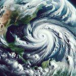 Create a vivid, high resolution image illustrating the transformation of a tropical storm, named 'Oscar', into a powerful hurricane. Show a satellite view, revealing swirling clouds and intense, raging weather systems. The image should convey the storm's progression from a relatively mild weather phenomenon to a catastrophic, all-encompassing hurricane.