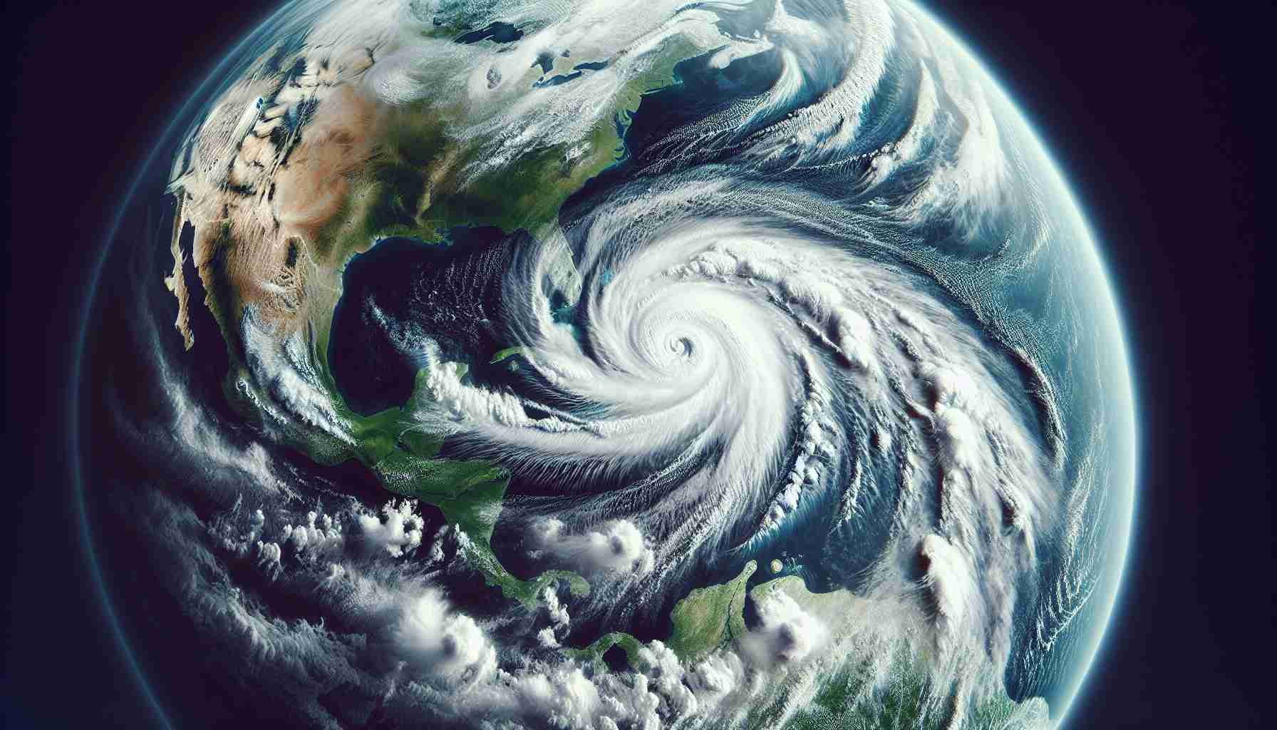 Create a vivid, high resolution image illustrating the transformation of a tropical storm, named 'Oscar', into a powerful hurricane. Show a satellite view, revealing swirling clouds and intense, raging weather systems. The image should convey the storm's progression from a relatively mild weather phenomenon to a catastrophic, all-encompassing hurricane.