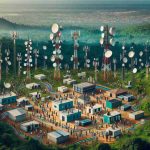 Aerial view of a West African landscape with communication towers scattered across. The towers have dishes and antennaes denoting advanced connectivity solutions. Among the dense forests, the urban backdrop has data centers with roofs adorned with satellite dishes. Different types of cables - fiber optic and coaxial - can be seen stretching across the landscape, connecting different regions. Multiple people of diverse descents - African, Caucasian, Asian - are working on site, setting up more equipment, symbolizing the rapid expansion of technology.