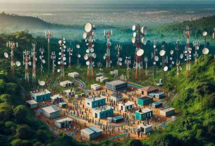 Aerial view of a West African landscape with communication towers scattered across. The towers have dishes and antennaes denoting advanced connectivity solutions. Among the dense forests, the urban backdrop has data centers with roofs adorned with satellite dishes. Different types of cables - fiber optic and coaxial - can be seen stretching across the landscape, connecting different regions. Multiple people of diverse descents - African, Caucasian, Asian - are working on site, setting up more equipment, symbolizing the rapid expansion of technology.