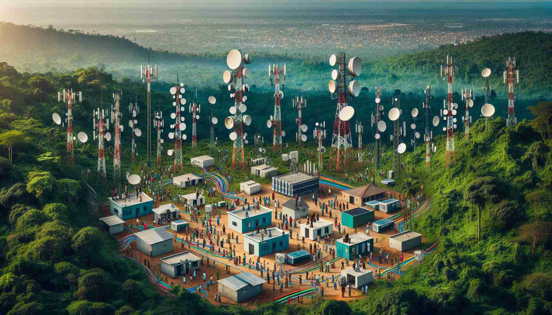 Aerial view of a West African landscape with communication towers scattered across. The towers have dishes and antennaes denoting advanced connectivity solutions. Among the dense forests, the urban backdrop has data centers with roofs adorned with satellite dishes. Different types of cables - fiber optic and coaxial - can be seen stretching across the landscape, connecting different regions. Multiple people of diverse descents - African, Caucasian, Asian - are working on site, setting up more equipment, symbolizing the rapid expansion of technology.