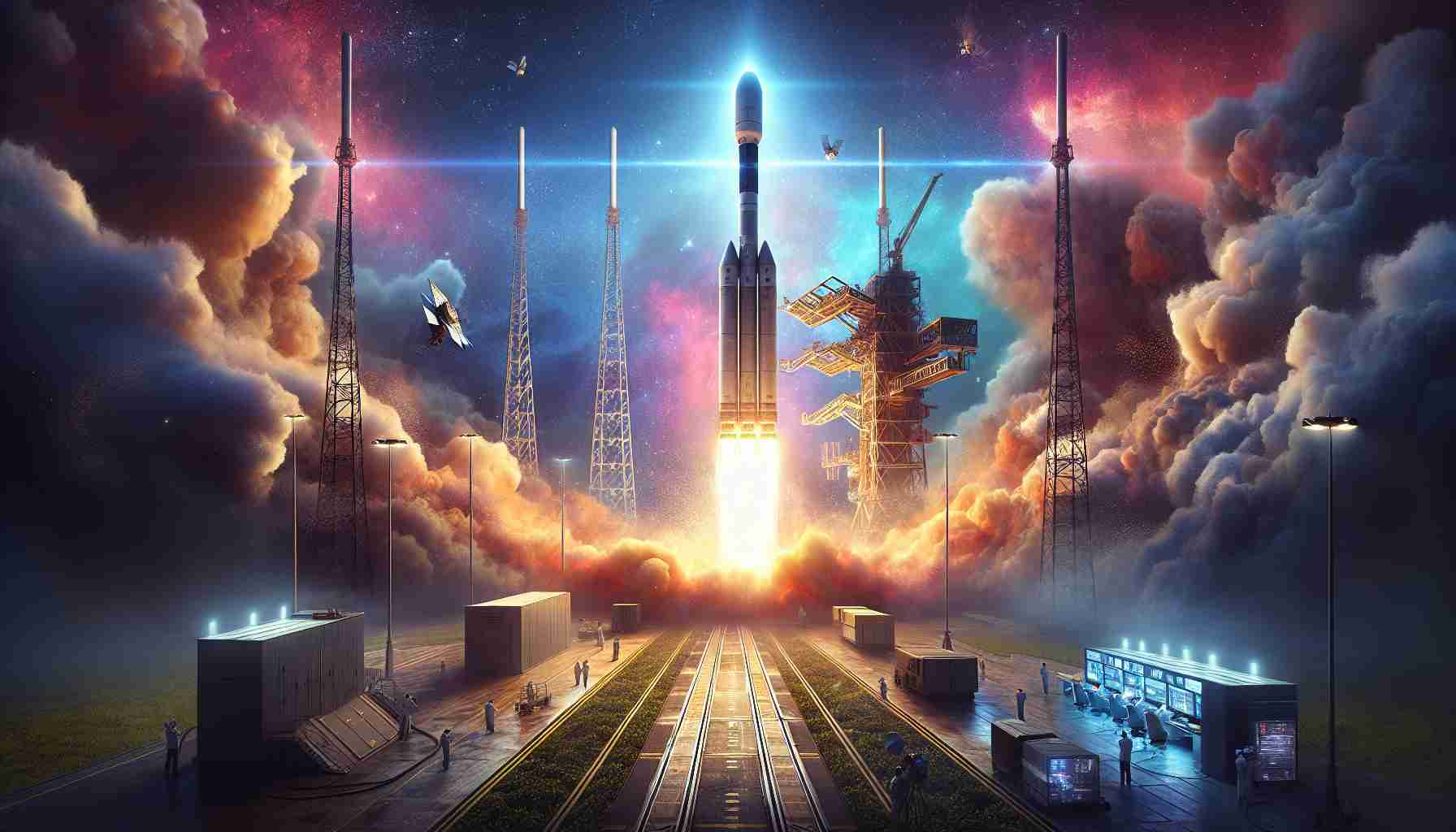 Create a high-definition, hyperrealistic image depicting the thrilling launch of state-of-the-art communication satellites. The image should focus on the moment when the rocket propelling the satellites breaks through the atmosphere, with a backdrop of a vibrant, cloudless sky. Surrounding the launching pad, there should be a high-tech control center with busy professionals monitoring the mission. The satellites themselves should look innovative, equipped with modern technology for communication, and they should be visible at the tip of the rocket. Smoke and the bright flame emitted from the rocket contrast with the blue of the sky, creating an awe-inspiring scene.