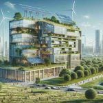 A high-definition, realistic depiction of a scene reflecting architectural innovation with an emphasis on sustainability and the future generation. Picture a modern, eco-friendly building with a sleek design, made of recycled materials, equipped with solar panels and wind turbines. The structure should stand in a rich, green landscape, possibly a city park, symbolizing the unity of urban development and nature. Around the building, depict people of different ages, genders, and descents interacting with the environment, showcasing the accessible and inclusive approach of this sustainable architecture.