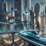 Realistic high definition image illustrating a concept representative of futuristic design as explored by an imaginary artist, Theo Nguyen. The image should depict a sci-fi landscape with sleek, modern buildings made of glass and steel, illuminated by neon lights. Moving monorails are weaving through the towering skyscrapers, while drones are conducting deliveries. Hyperloop system is visible in the background, encapsulating the urban transportation of the future.