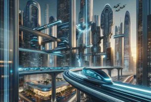 Realistic high definition image illustrating a concept representative of futuristic design as explored by an imaginary artist, Theo Nguyen. The image should depict a sci-fi landscape with sleek, modern buildings made of glass and steel, illuminated by neon lights. Moving monorails are weaving through the towering skyscrapers, while drones are conducting deliveries. Hyperloop system is visible in the background, encapsulating the urban transportation of the future.