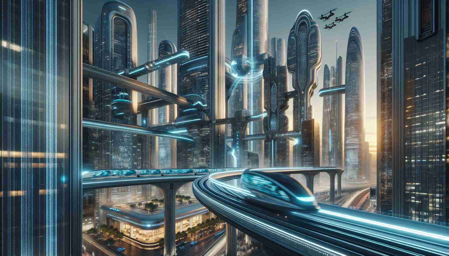 Realistic high definition image illustrating a concept representative of futuristic design as explored by an imaginary artist, Theo Nguyen. The image should depict a sci-fi landscape with sleek, modern buildings made of glass and steel, illuminated by neon lights. Moving monorails are weaving through the towering skyscrapers, while drones are conducting deliveries. Hyperloop system is visible in the background, encapsulating the urban transportation of the future.