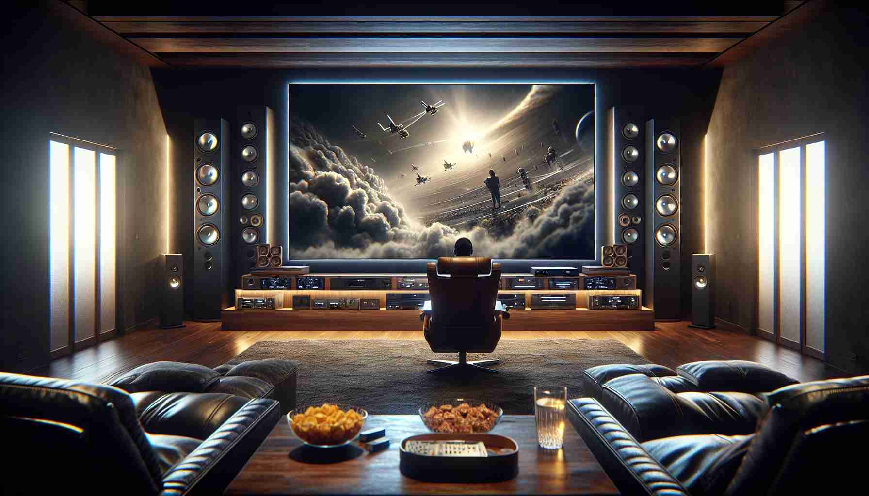 A highly detailed, ultra-high-definition image that encapsulates the experience of revolutionary television viewing. The scene might depict a state-of-the-art home theater setup with a large, flat-panel television screen broadcasting an engaging show, surrounded by advanced sound systems. The room is dimly lit for optimum viewing pleasure, and a comfortable reclining chair is poised in front of the TV, an embodiment of luxury and relaxation. Ambient lighting subtly reflects off the glass surface of a nearby coffee table stacked with snacks, emphasizing the immersive spectator environment. The overall atmosphere conveys the excitement and anticipation of a truly groundbreaking television experience.