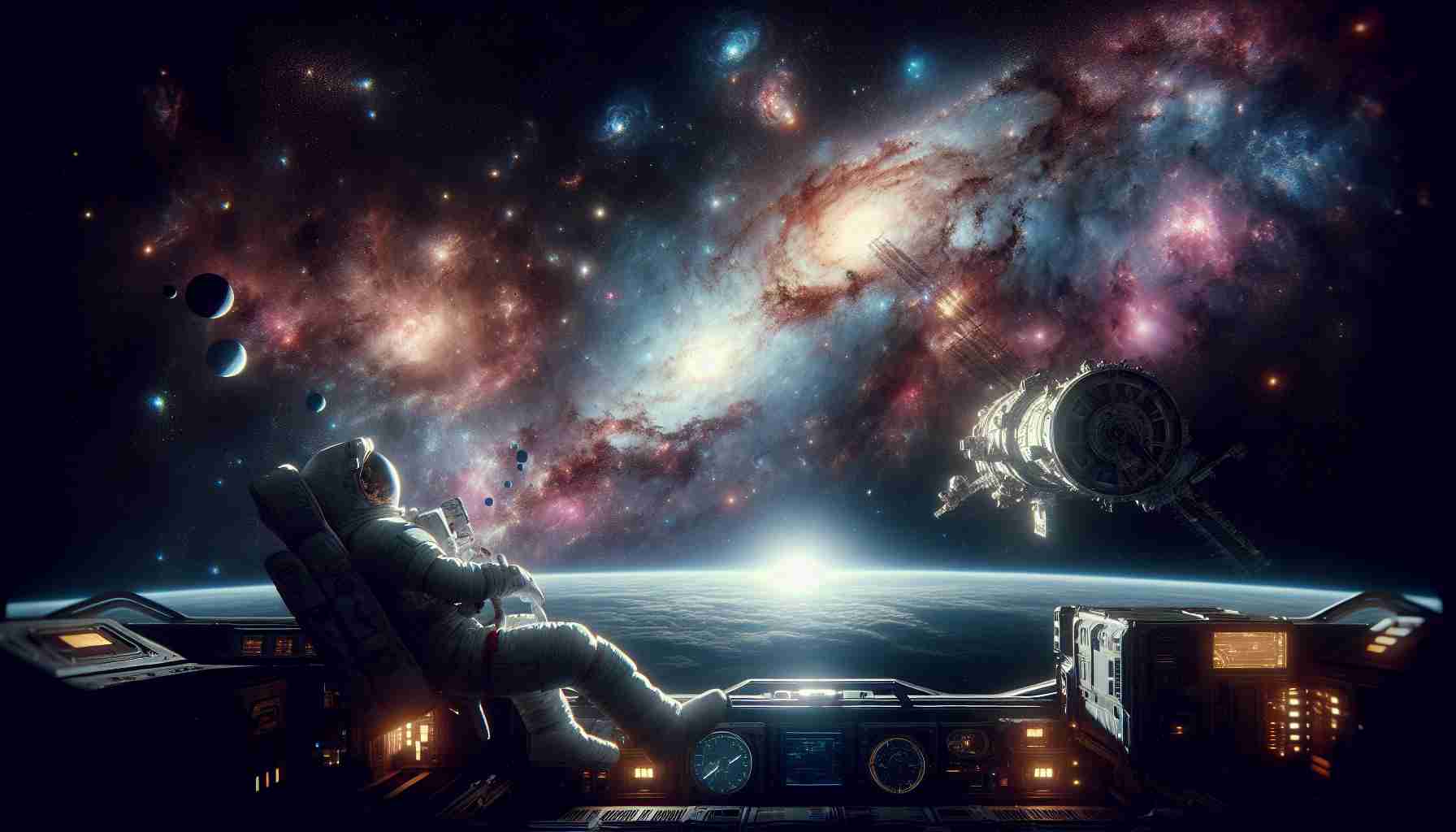 Create a hyperrealistic, high-definition image that depicts the theme of exploring new horizons in the context of space exploration. The scene should be filled with cosmic bodies, like galaxies, nebulae, and distant stars, with an astronaut floating in the foreground, perhaps just exiting a spacecraft, giving a sense of the vast expanse and the unknown that lies ahead. Make sure to focus on the sense of adventure, discovery, and infinite possibilities that this prompts suggests.