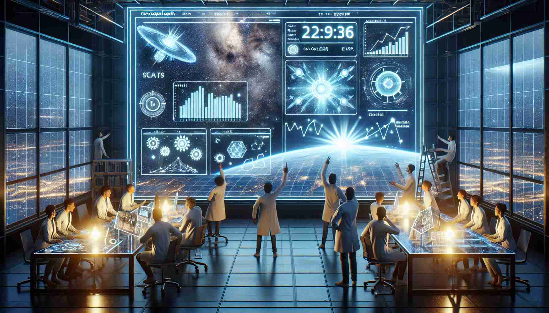 Create a high-resolution, realistic image, highlighting a revolutionary new conceptual breakthrough in solar power. The scene should depict a futuristic set up in a lab where scientists, of varying descents and genders, are enthusiastically analyzing the data produced by a device that is harnessed directly from outer space. Display holograms showing stats and graphs highlighting the efficiency leap in the new solar energy system. The background should have large windows revealing an expansive view of the starry night sky which is the source of this newfound energy.