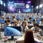 High-definition realistic picture of a fictitious programme named 'EmpowerGirls Initiative: Inspiring Future Space Leaders'. Visualize a scene where multiple youth aged girls from various descents, such as Caucasian, Hispanic, Black, Middle-Eastern, and South Asian, are actively involved in engaging activities related to space science. They are wearing lab coats, using microscopes, sending miniature rockets, observing celestial bodies in telescopes, holding 3D printed models of satellites and interacting with computer-simulated images of the outer space. In the background, a massive banner on the wall has the words 'EmpowerGirls Initiative: Inspiring Future Space Leaders' written on it.