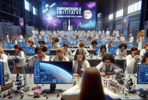 High-definition realistic picture of a fictitious programme named 'EmpowerGirls Initiative: Inspiring Future Space Leaders'. Visualize a scene where multiple youth aged girls from various descents, such as Caucasian, Hispanic, Black, Middle-Eastern, and South Asian, are actively involved in engaging activities related to space science. They are wearing lab coats, using microscopes, sending miniature rockets, observing celestial bodies in telescopes, holding 3D printed models of satellites and interacting with computer-simulated images of the outer space. In the background, a massive banner on the wall has the words 'EmpowerGirls Initiative: Inspiring Future Space Leaders' written on it.