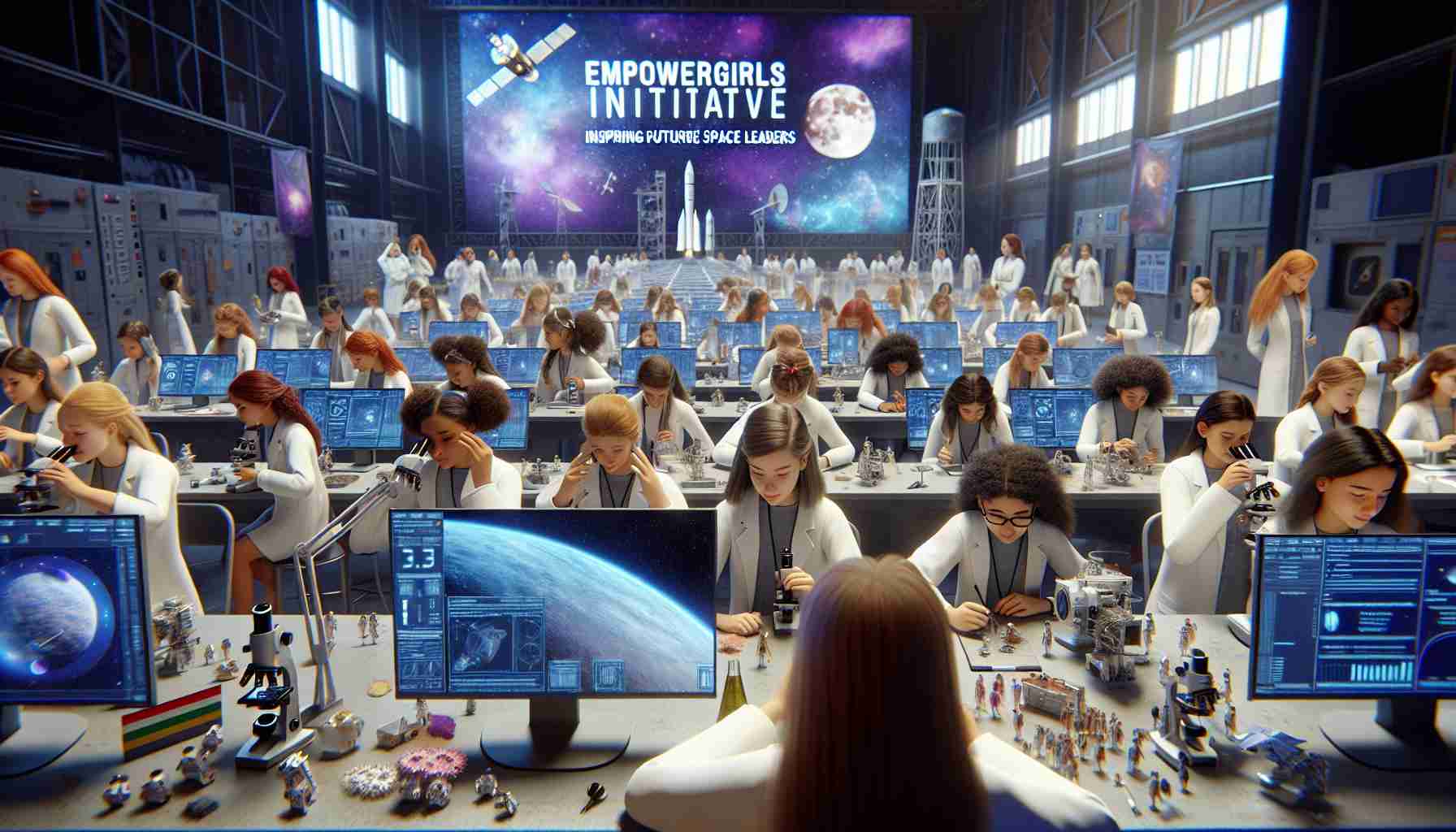 High-definition realistic picture of a fictitious programme named 'EmpowerGirls Initiative: Inspiring Future Space Leaders'. Visualize a scene where multiple youth aged girls from various descents, such as Caucasian, Hispanic, Black, Middle-Eastern, and South Asian, are actively involved in engaging activities related to space science. They are wearing lab coats, using microscopes, sending miniature rockets, observing celestial bodies in telescopes, holding 3D printed models of satellites and interacting with computer-simulated images of the outer space. In the background, a massive banner on the wall has the words 'EmpowerGirls Initiative: Inspiring Future Space Leaders' written on it.