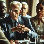 Generate a detailed, high-definition scene featuring an elderly Caucasian male politician engaged in a critical infrastructure discussion amidst ongoing recovery efforts. The man is wearing a smart suit, displaying the characteristic white hair and aviator glasses, and exudes an aura of leadership. He is surrounded by a diverse group of officials including Hispanic females, Black males and Middle Eastern individuals, all actively talking, listening and contributing to the meeting.