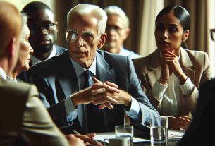 Generate a detailed, high-definition scene featuring an elderly Caucasian male politician engaged in a critical infrastructure discussion amidst ongoing recovery efforts. The man is wearing a smart suit, displaying the characteristic white hair and aviator glasses, and exudes an aura of leadership. He is surrounded by a diverse group of officials including Hispanic females, Black males and Middle Eastern individuals, all actively talking, listening and contributing to the meeting.