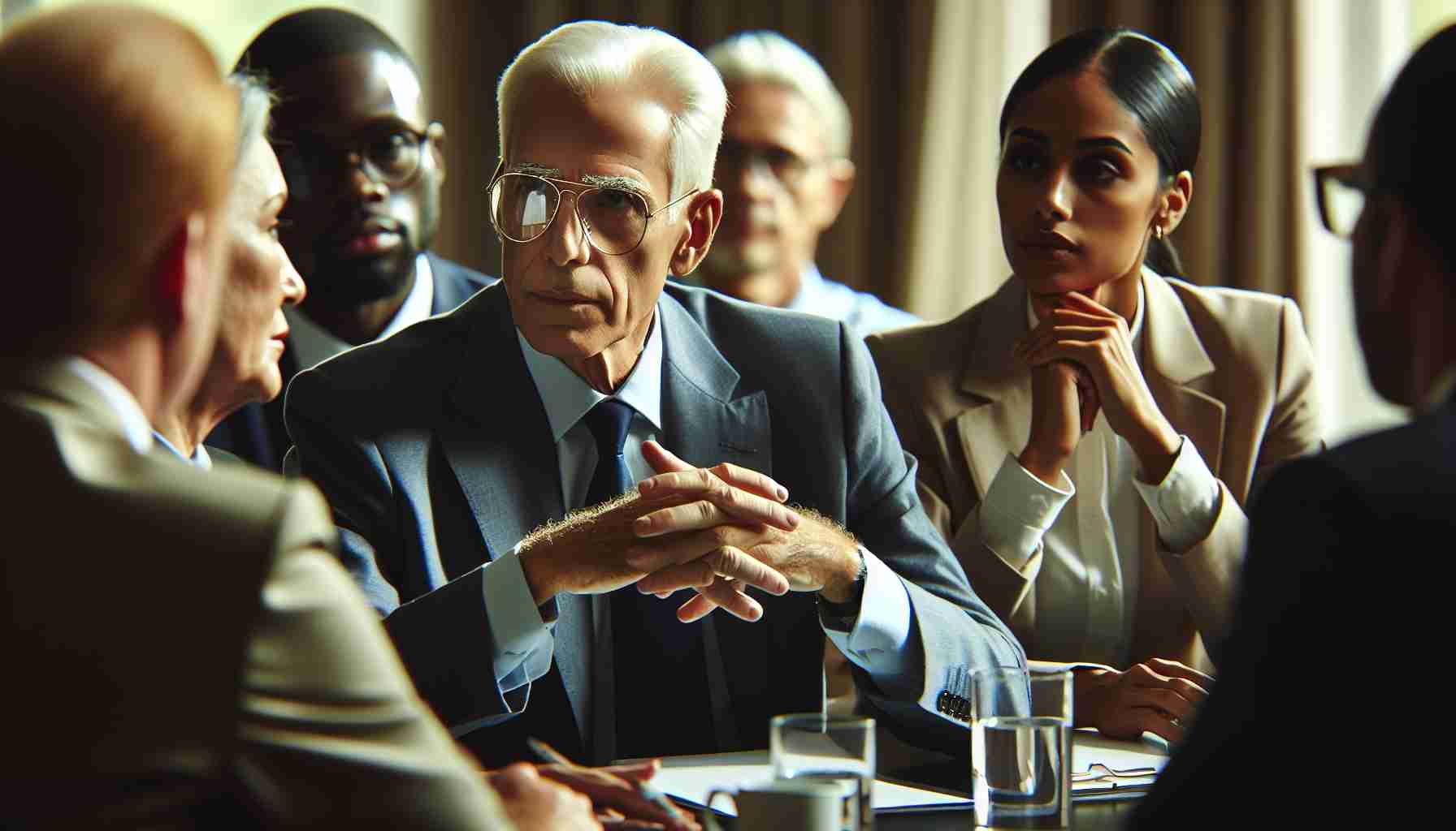 Generate a detailed, high-definition scene featuring an elderly Caucasian male politician engaged in a critical infrastructure discussion amidst ongoing recovery efforts. The man is wearing a smart suit, displaying the characteristic white hair and aviator glasses, and exudes an aura of leadership. He is surrounded by a diverse group of officials including Hispanic females, Black males and Middle Eastern individuals, all actively talking, listening and contributing to the meeting.