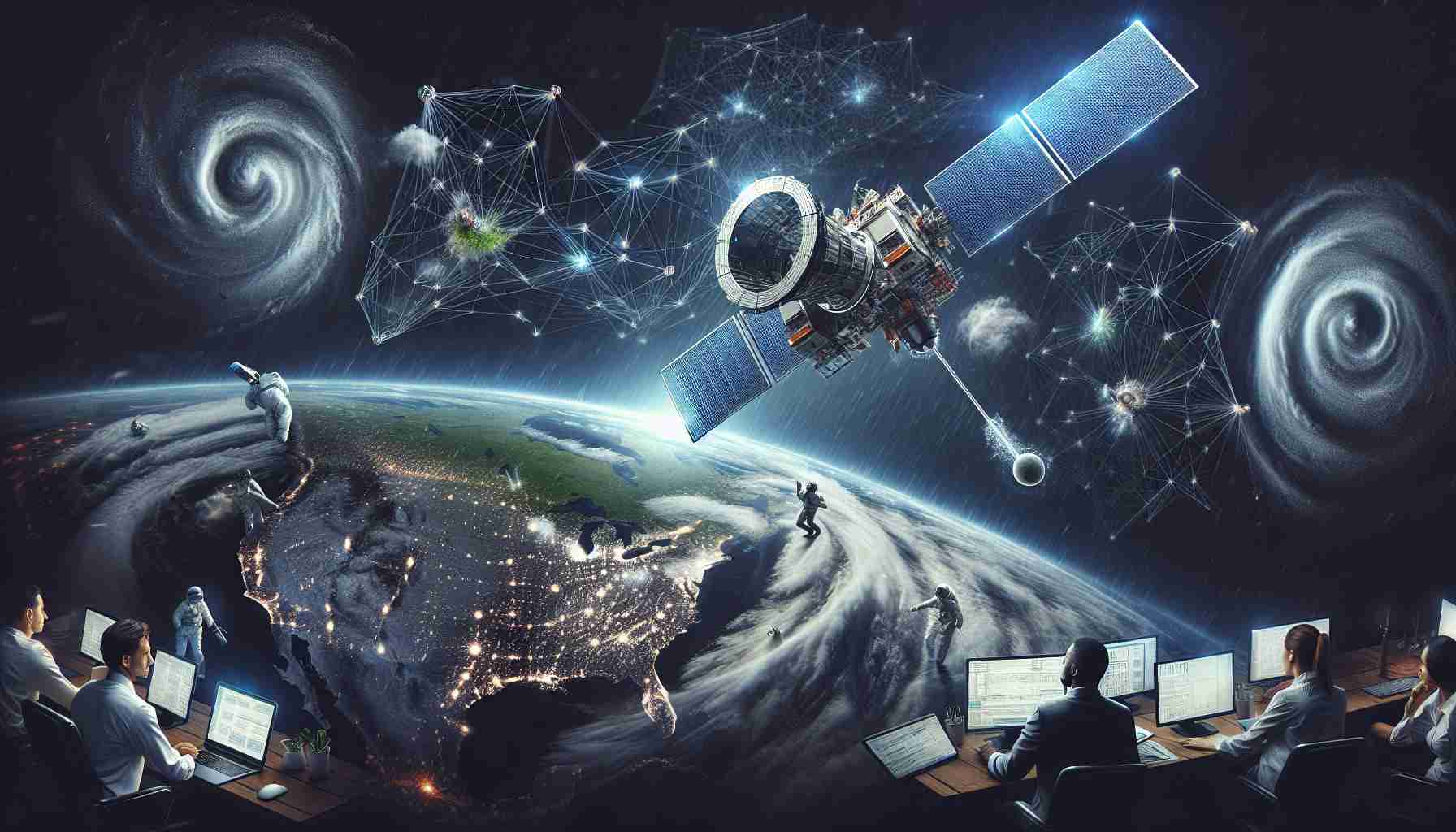 Generate a realistic, high-definition image illustrating the concept of advanced satellite communication technology enhancing connectivity during natural disasters. Represent a high-tech satellite floating in the space surrounded by a constellation of digital connections. Meanwhile, on Earth, depict a diverse team of experts, a Caucasian man and a Black woman, coordinating relief efforts using this advanced technology. Show the Earth hit by a storm, emphasizing the need for such technology during such catastrophic events.