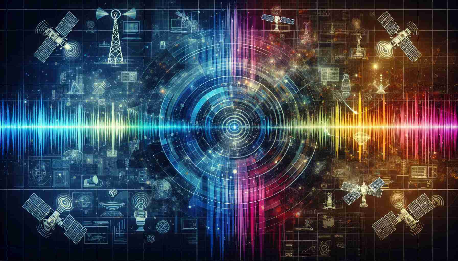 Generate a high-definition, realistic image depicting the concept of 'Revolutionizing Spectrum Allocation for Future Innovations'. Include symbolic elements such as radio waves spreading across different colors indicating a broad range of spectrum, graphics of advanced technologies like satellites, and futuristic devices. This image should convey the idea of future technological innovations in the field of spectrum allocation.