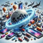 A high-definition, realistic photo that graphically represents the concept of diverse applications being unleashed as a result of new technology export rules. We see various tech devices like smartphones, drones, smartwatches and robots, interspersed with symbols of international trade and transport, such as cargo ships, globes and shipping containers, symbolizing export. Around them, digital strands unwind from the devices, symbolizing the unleashing of applications, with visual elements like flowing 1s and 0s and software interface icons.