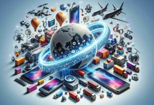 A high-definition, realistic photo that graphically represents the concept of diverse applications being unleashed as a result of new technology export rules. We see various tech devices like smartphones, drones, smartwatches and robots, interspersed with symbols of international trade and transport, such as cargo ships, globes and shipping containers, symbolizing export. Around them, digital strands unwind from the devices, symbolizing the unleashing of applications, with visual elements like flowing 1s and 0s and software interface icons.