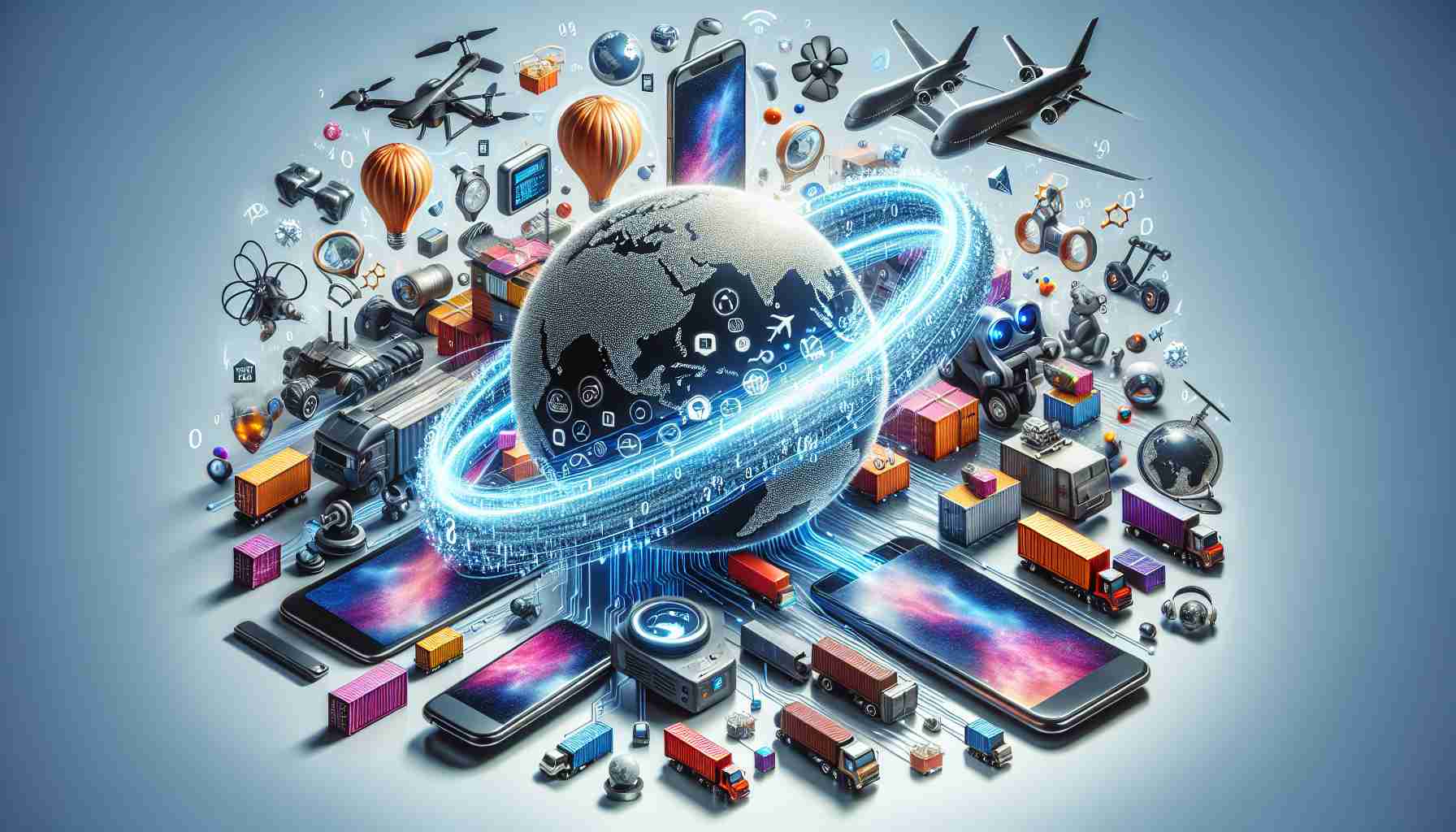 A high-definition, realistic photo that graphically represents the concept of diverse applications being unleashed as a result of new technology export rules. We see various tech devices like smartphones, drones, smartwatches and robots, interspersed with symbols of international trade and transport, such as cargo ships, globes and shipping containers, symbolizing export. Around them, digital strands unwind from the devices, symbolizing the unleashing of applications, with visual elements like flowing 1s and 0s and software interface icons.