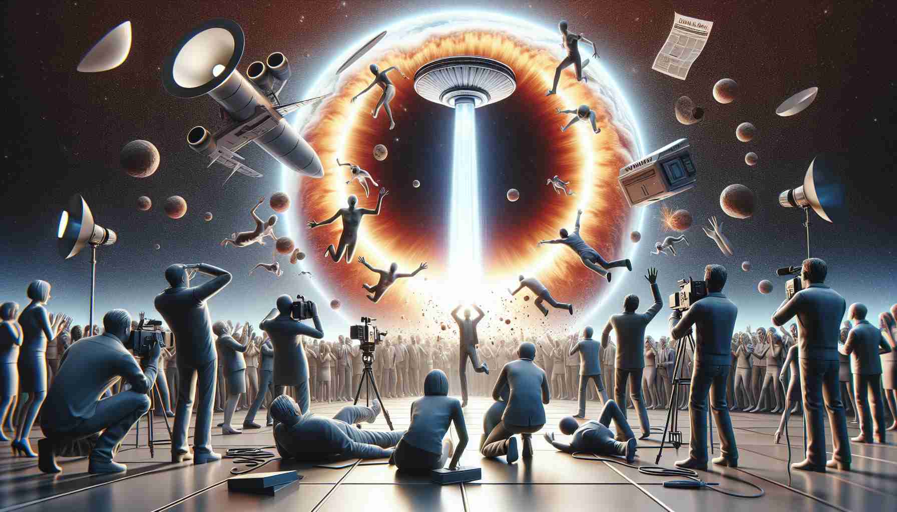 A high-definition, realistic image of an unprecedented event unfolding, symbolizing a shocking discovery. The scene may include people reacting with surprised expressions and gestures, news outlets covering the event, or scientific equipment registering surprising readings.